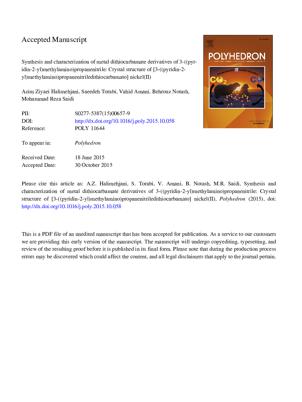 Synthesis and characterization of metal dithiocarbamate derivatives of 3-((pyridin-2-yl)methylamino)propanenitrile: Crystal structure of [3-((pyridin-2-yl)methylamino)propanenitrile dithiocarbamato] nickel(II)