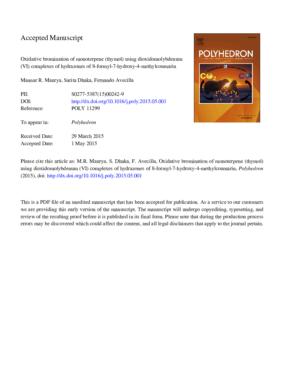 Oxidative bromination of monoterpene (thymol) using dioxidomolybdenum(VI) complexes of hydrazones of 8-formyl-7-hydroxy-4-methylcoumarin