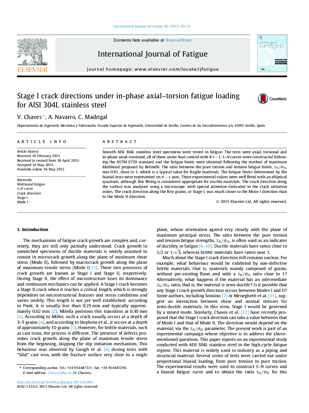 Stage I crack directions under in-phase axial–torsion fatigue loading for AISI 304L stainless steel