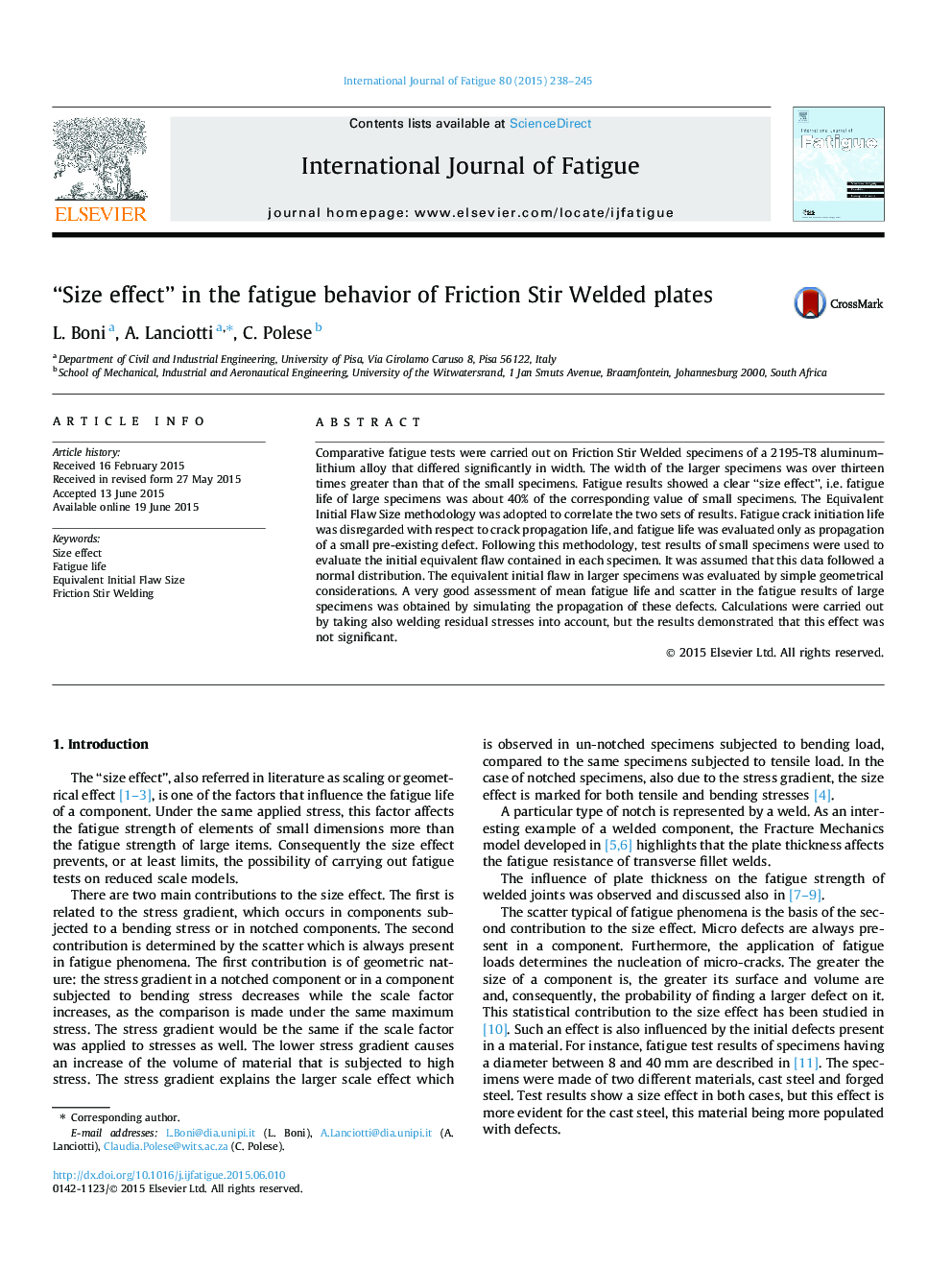 “Size effect” in the fatigue behavior of Friction Stir Welded plates