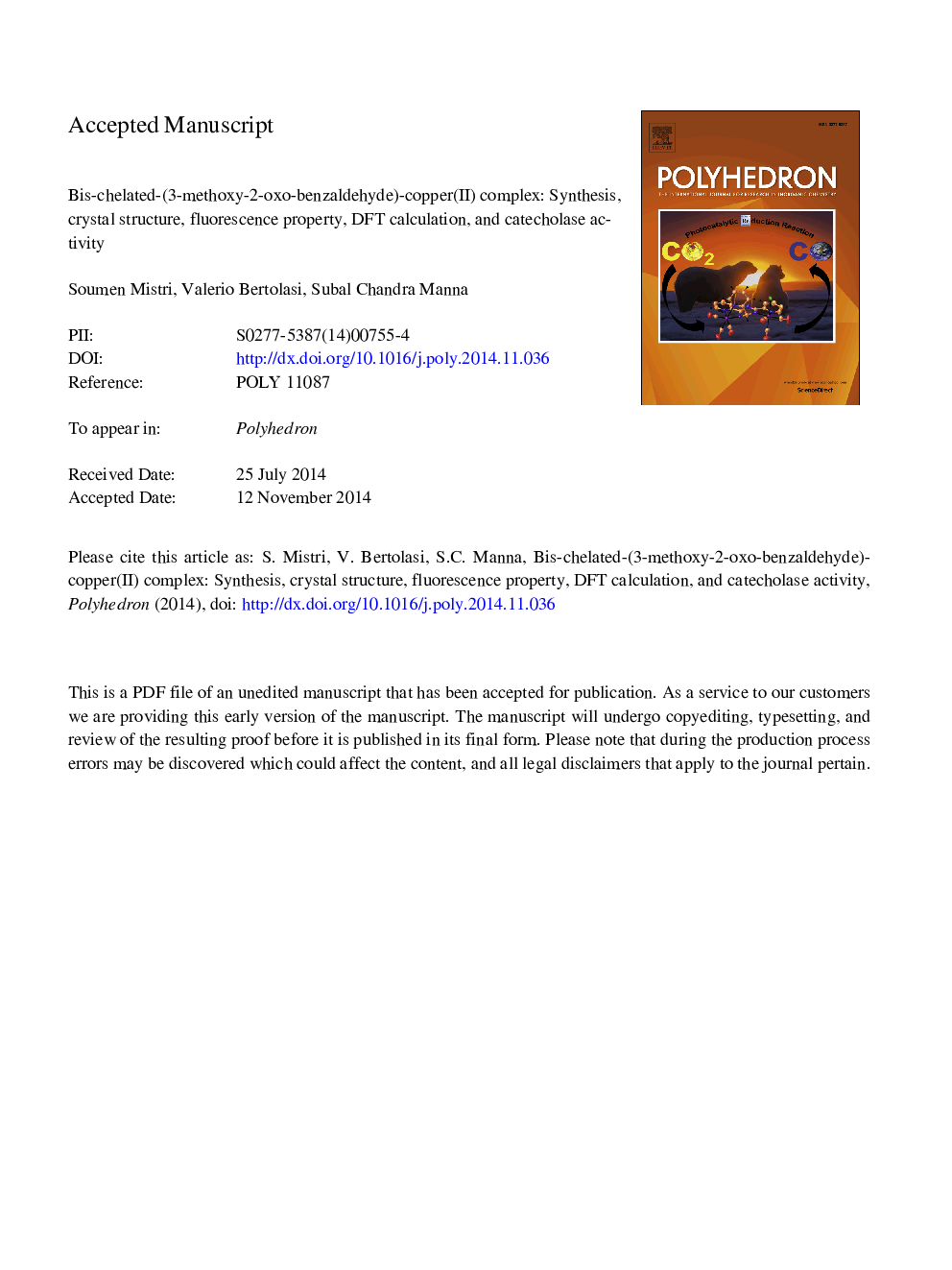 عکس صفحه اول مقاله: Bis-chelated-(3-methoxy-2-oxo-benzaldehyde)-copper(II) complex: Synthesis, crystal structure, fluorescence property, DFT calculation, and catecholase activity Bis-chelated-(3-methoxy-2-oxo-benzaldehyde)-copper(II) complex: Synthesis, crystal structure, fluorescence property, DFT calculation, and catecholase activity
