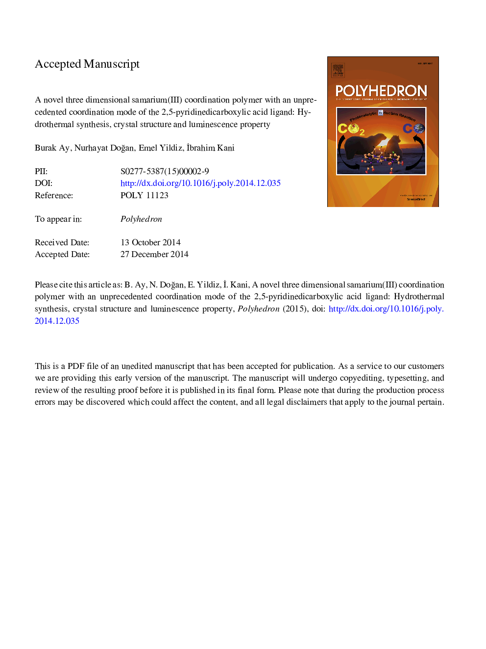 A novel three dimensional samarium(III) coordination polymer with an unprecedented coordination mode of the 2,5-pyridinedicarboxylic acid ligand: Hydrothermal synthesis, crystal structure and luminescence property