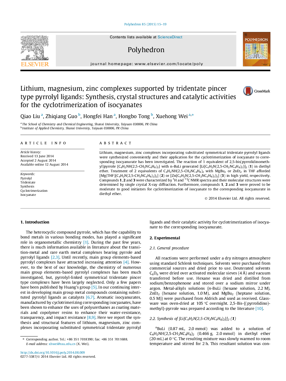 Lithium, magnesium, zinc complexes supported by tridentate pincer type pyrrolyl ligands: Synthesis, crystal structures and catalytic activities for the cyclotrimerization of isocyanates