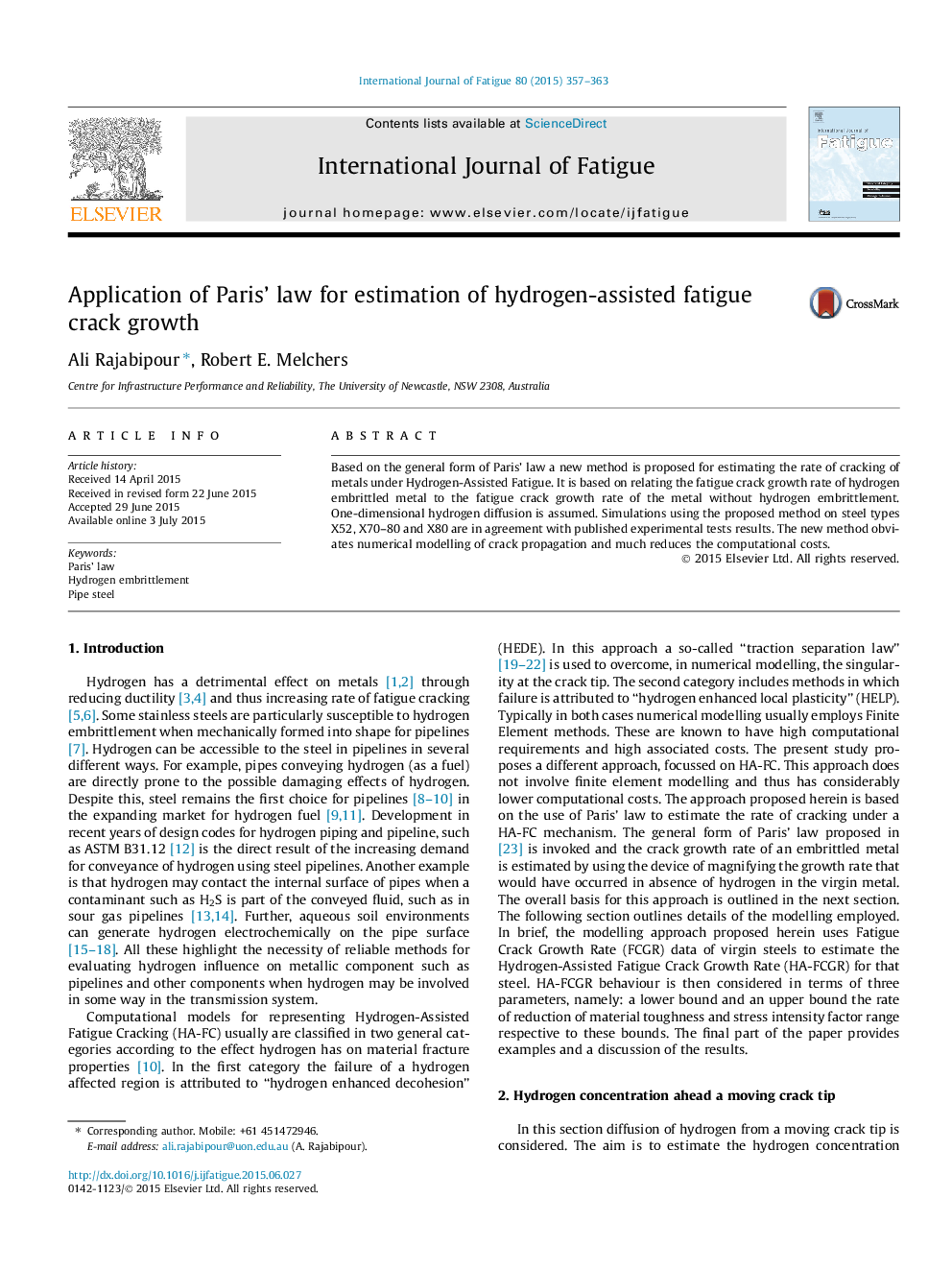 Application of Paris’ law for estimation of hydrogen-assisted fatigue crack growth