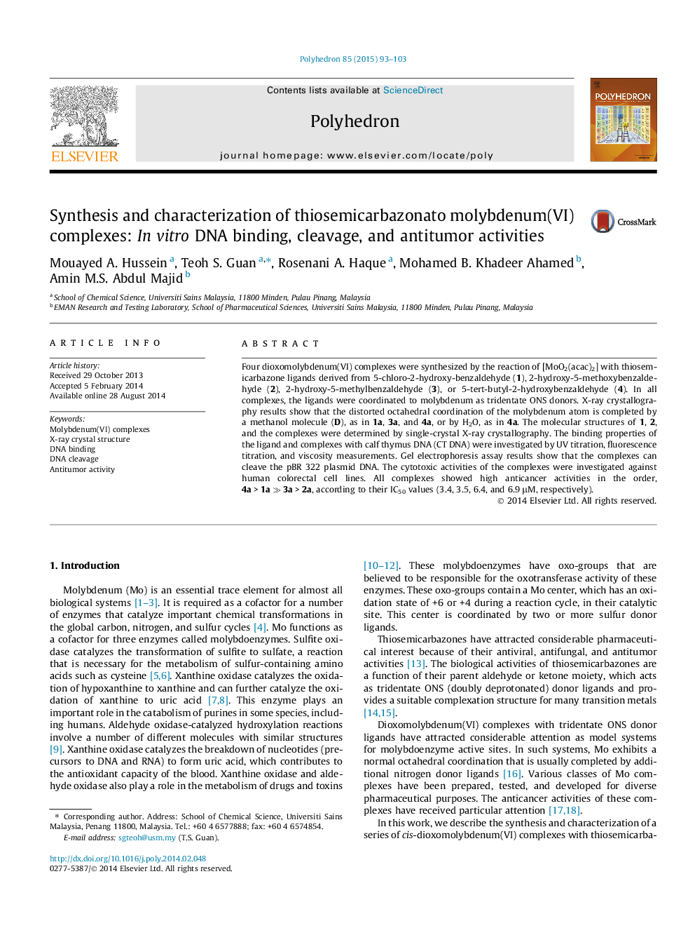 Synthesis and characterization of thiosemicarbazonato molybdenum(VI) complexes: In vitro DNA binding, cleavage, and antitumor activities