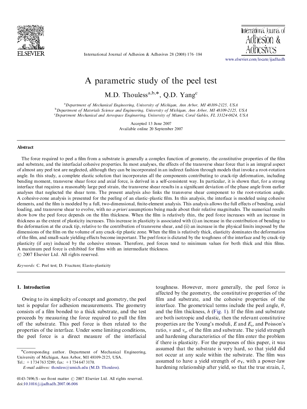 A parametric study of the peel test