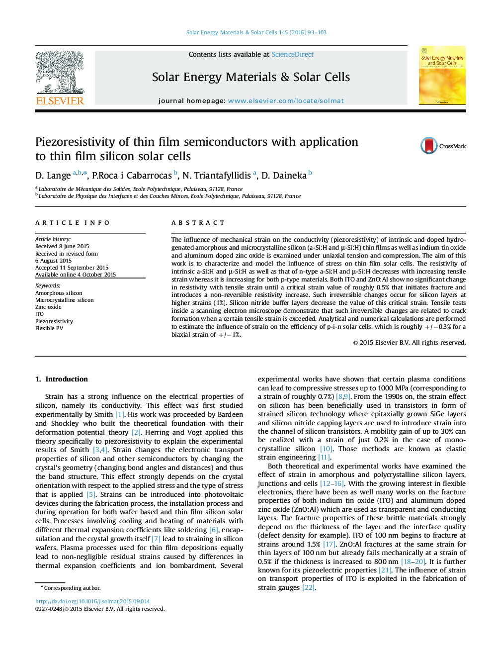 Piezoresistivity of thin film semiconductors with application to thin film silicon solar cells