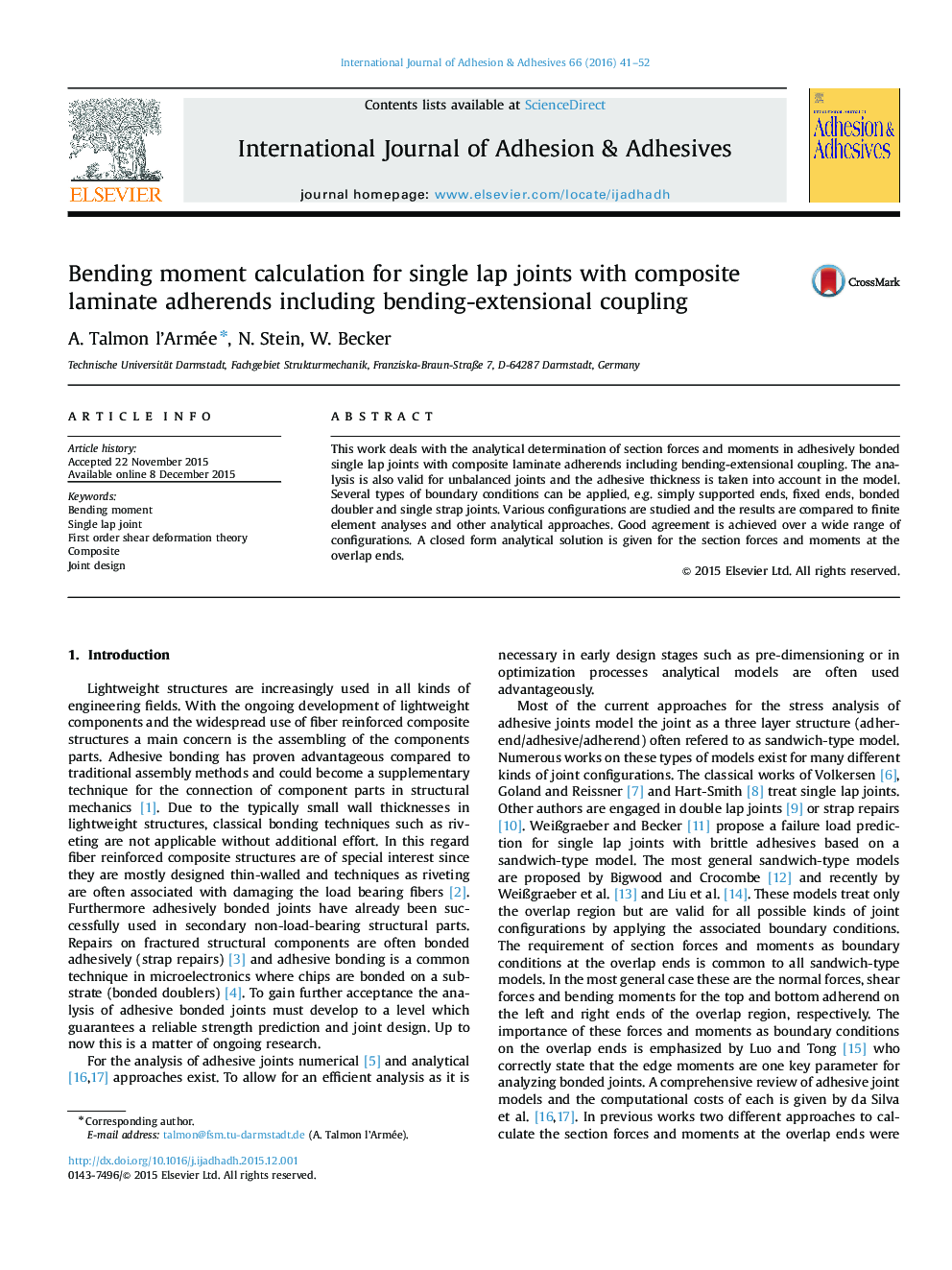 Bending moment calculation for single lap joints with composite laminate adherends including bending-extensional coupling