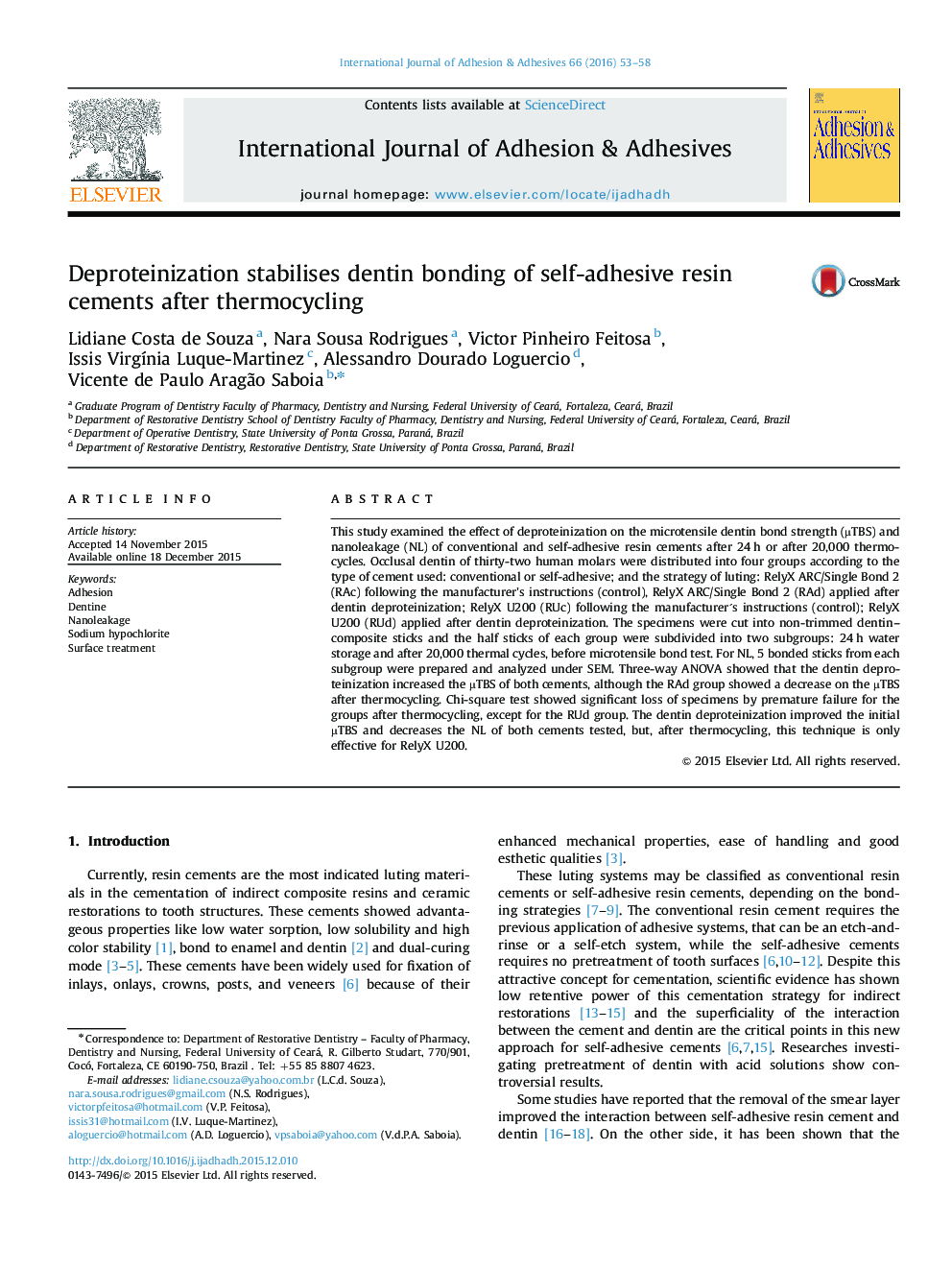 Deproteinization stabilises dentin bonding of self-adhesive resin cements after thermocycling