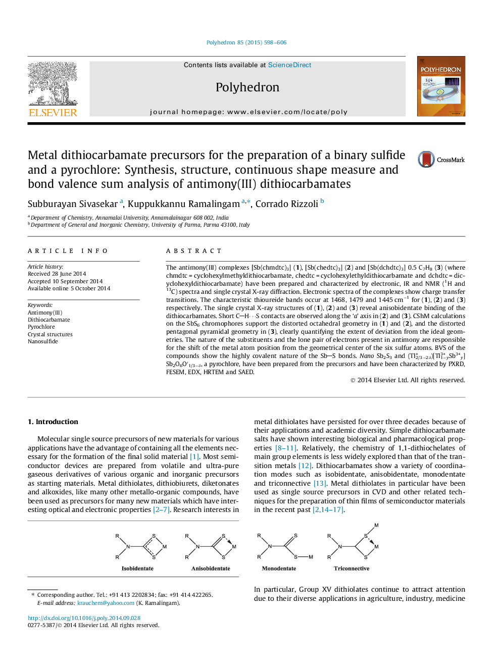 Metal dithiocarbamate precursors for the preparation of a binary sulfide and a pyrochlore: Synthesis, structure, continuous shape measure and bond valence sum analysis of antimony(III) dithiocarbamates