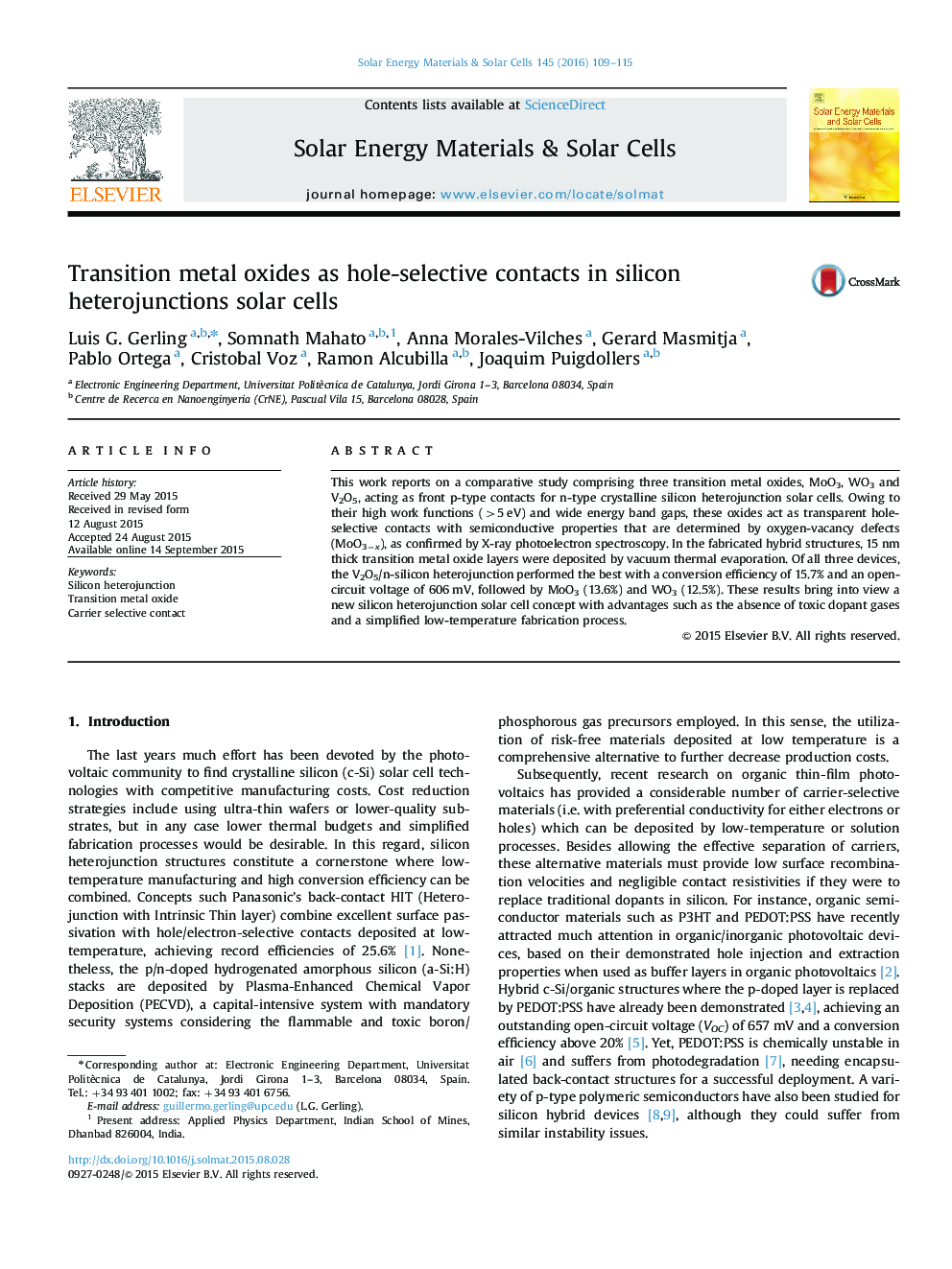 Transition metal oxides as hole-selective contacts in silicon heterojunctions solar cells