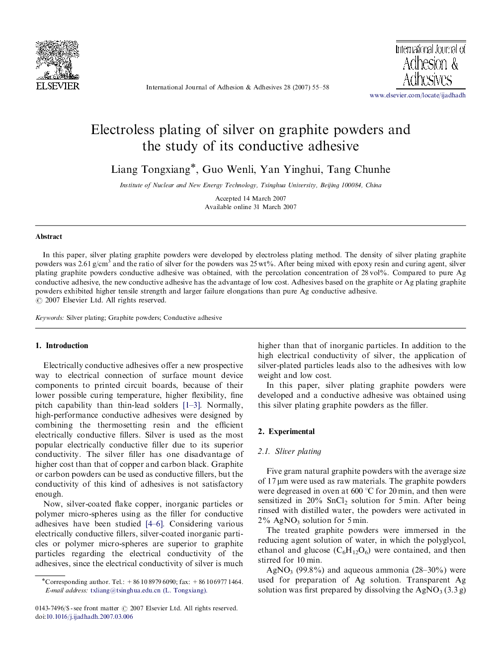 Electroless plating of silver on graphite powders and the study of its conductive adhesive