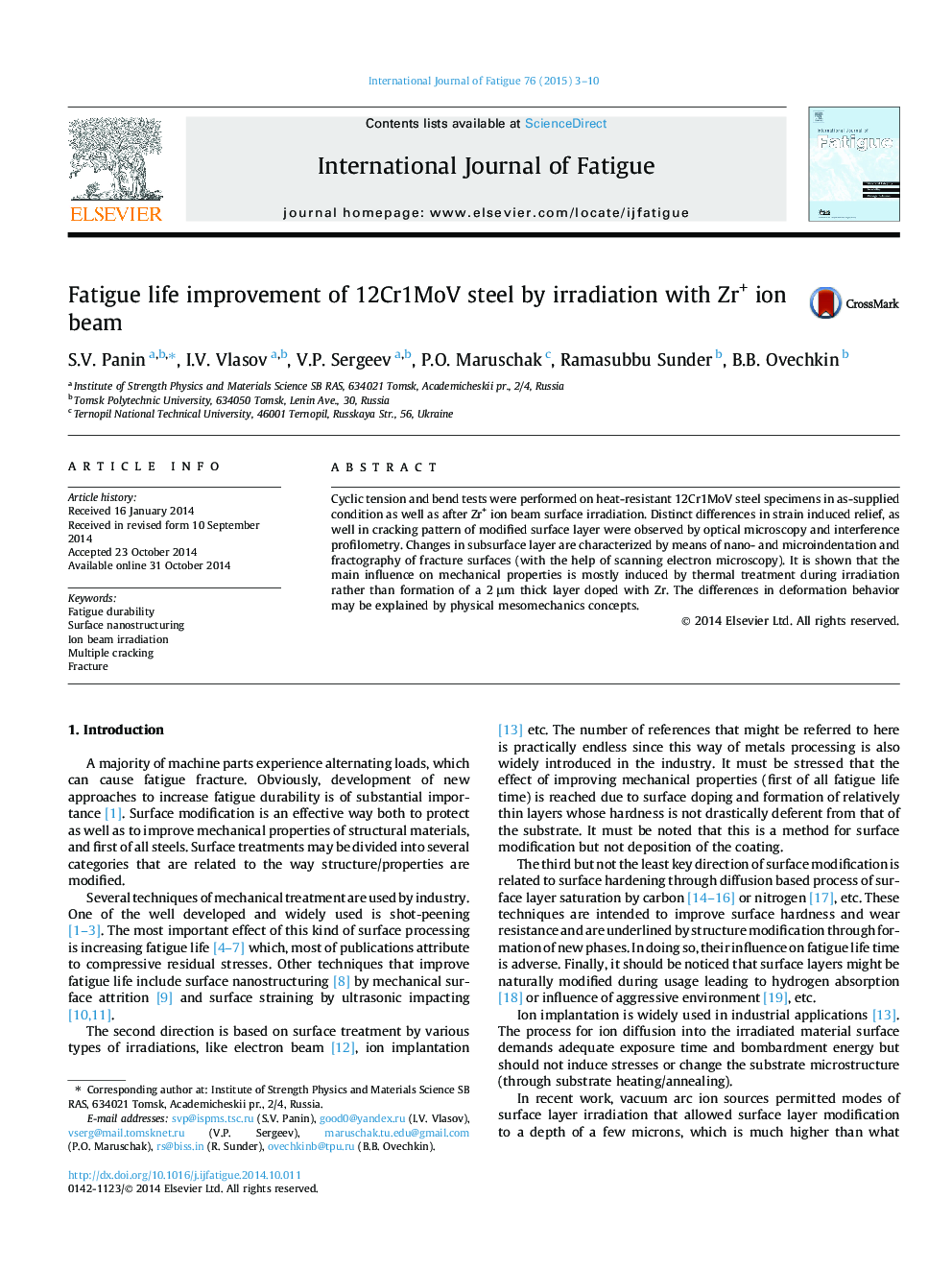 Fatigue life improvement of 12Cr1МoV steel by irradiation with Zr+ ion beam