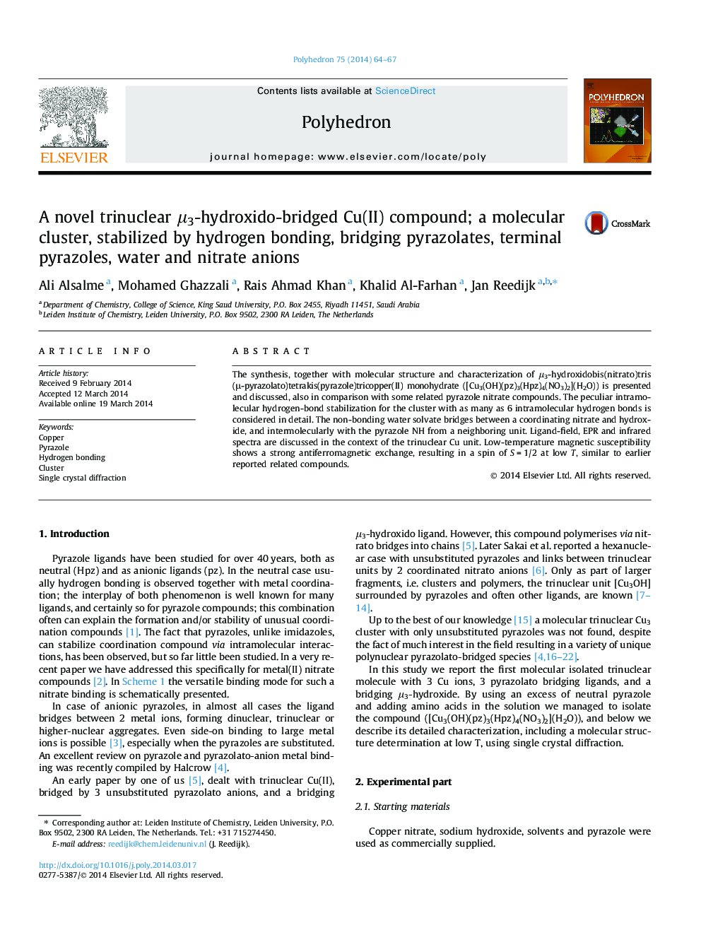 A novel trinuclear Î¼3-hydroxido-bridged Cu(II) compound; a molecular cluster, stabilized by hydrogen bonding, bridging pyrazolates, terminal pyrazoles, water and nitrate anions