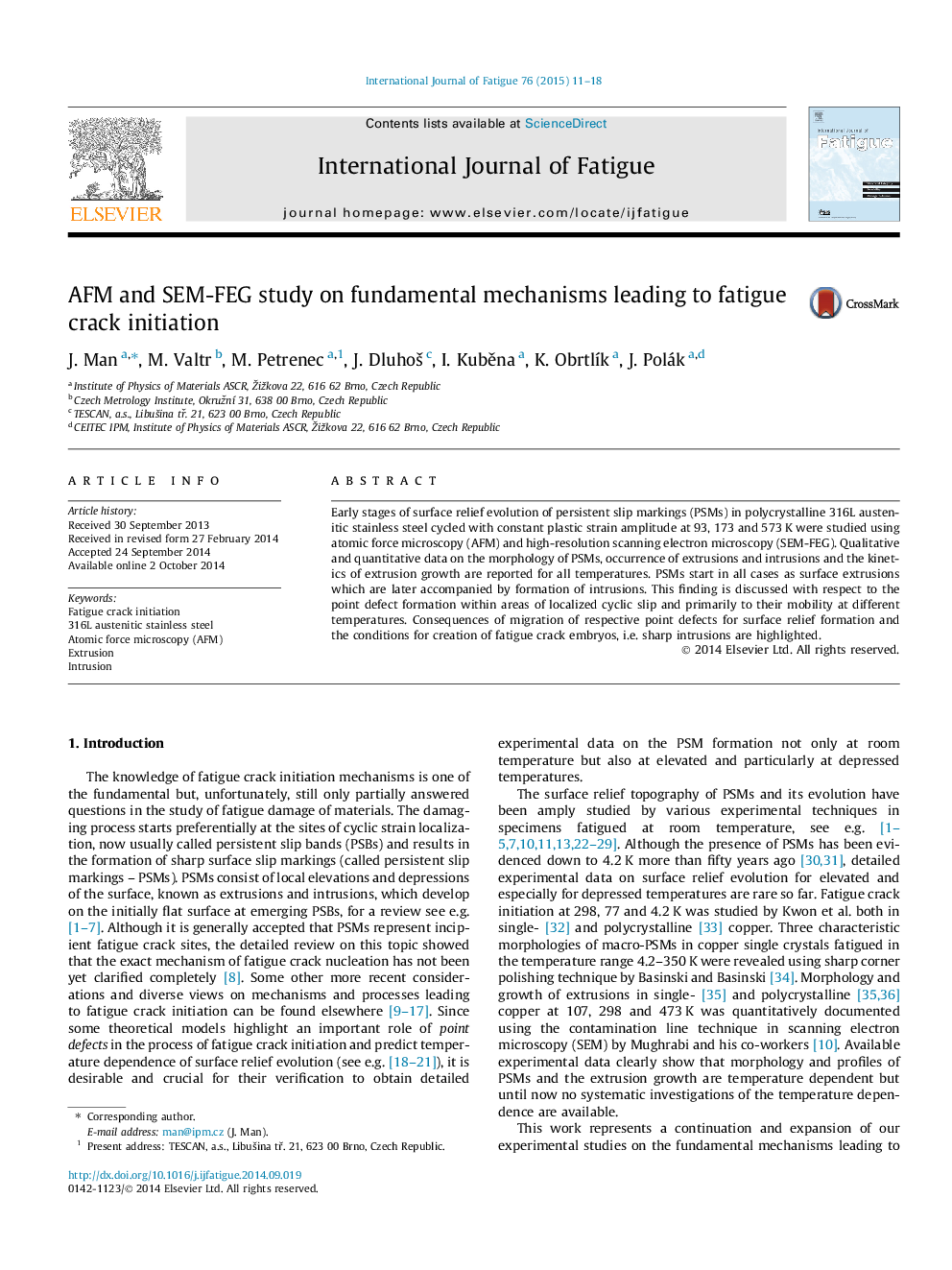 عکس صفحه اول مقاله: AFM and SEM-FEG study on fundamental mechanisms leading to fatigue crack initiation AFM and SEM-FEG study on fundamental mechanisms leading to fatigue crack initiation