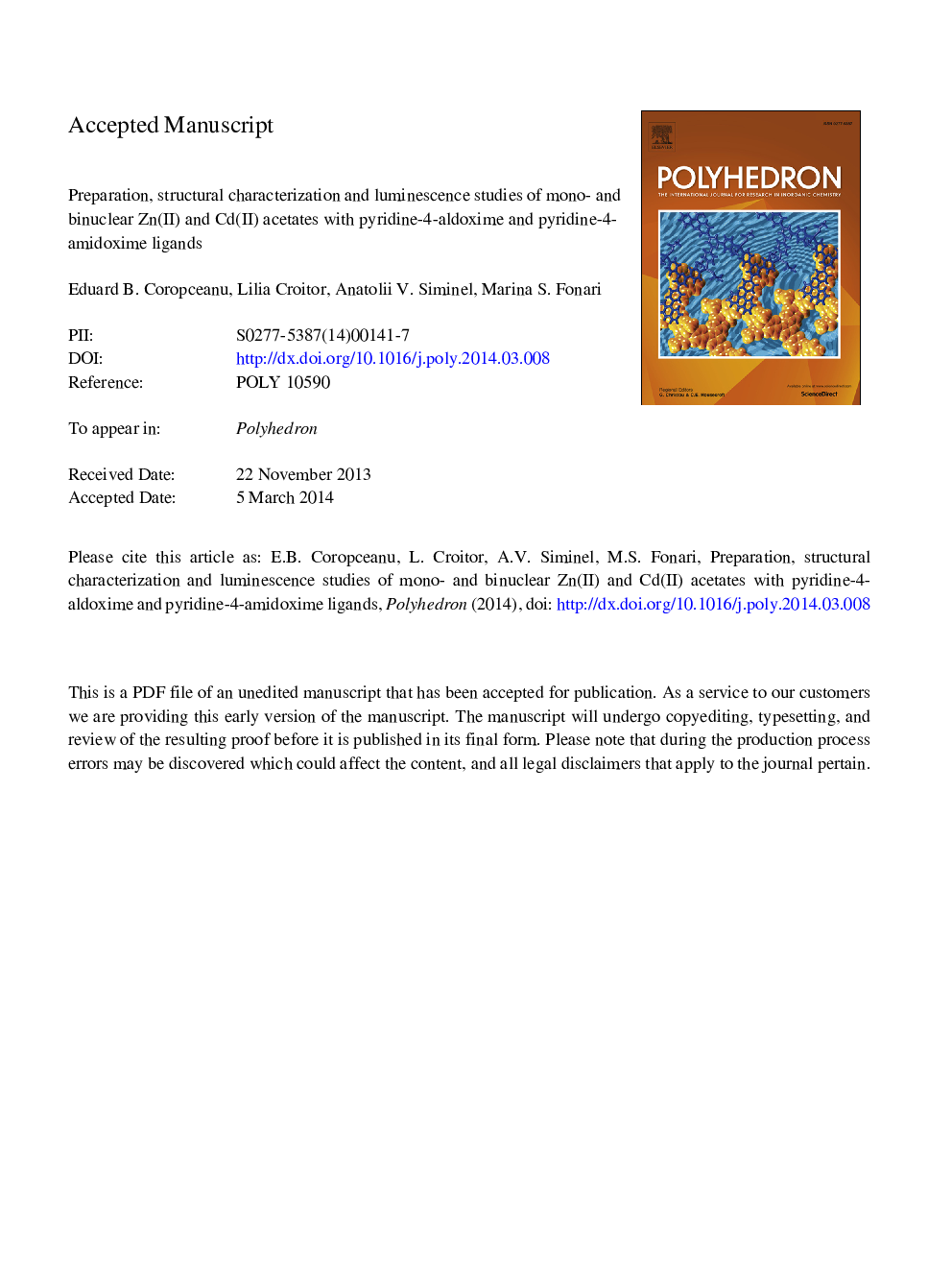 Preparation, structural characterization and luminescence studies of mono- and binuclear Zn(II) and Cd(II) acetates with pyridine-4-aldoxime and pyridine-4-amidoxime ligands