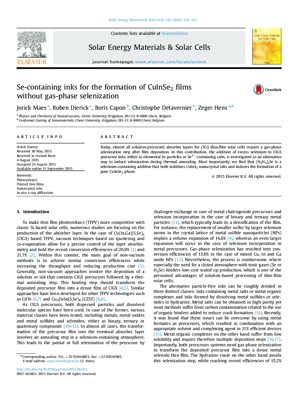 Se-containing inks for the formation of CuInSe2 films without gas-phase selenization