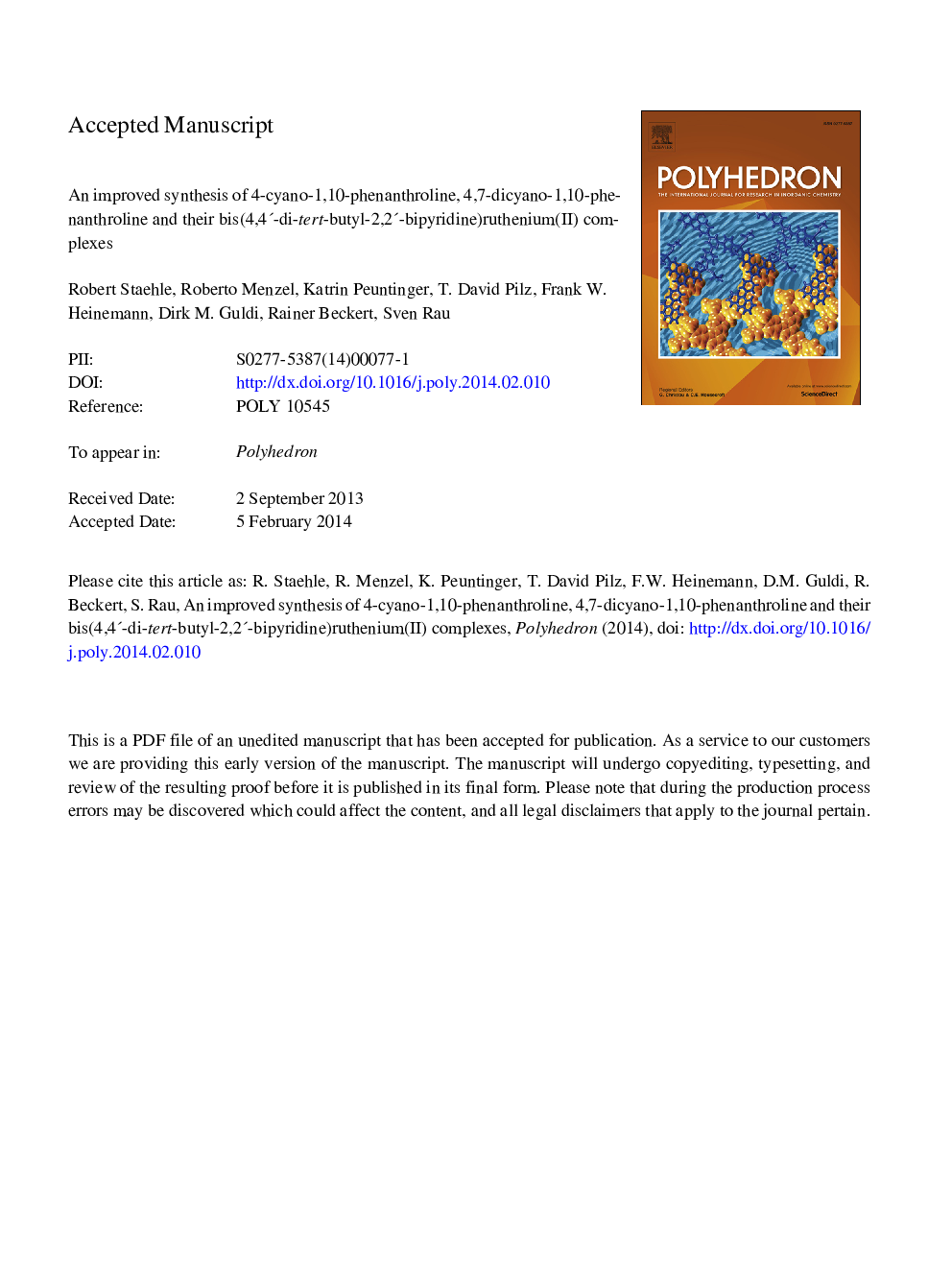 An improved synthesis of 4-cyano-1,10-phenanthroline, 4,7-dicyano-1,10-phenanthroline and their bis(4,4â²-di-tert-butyl-2,2â²-bipyridine)ruthenium(II) complexes