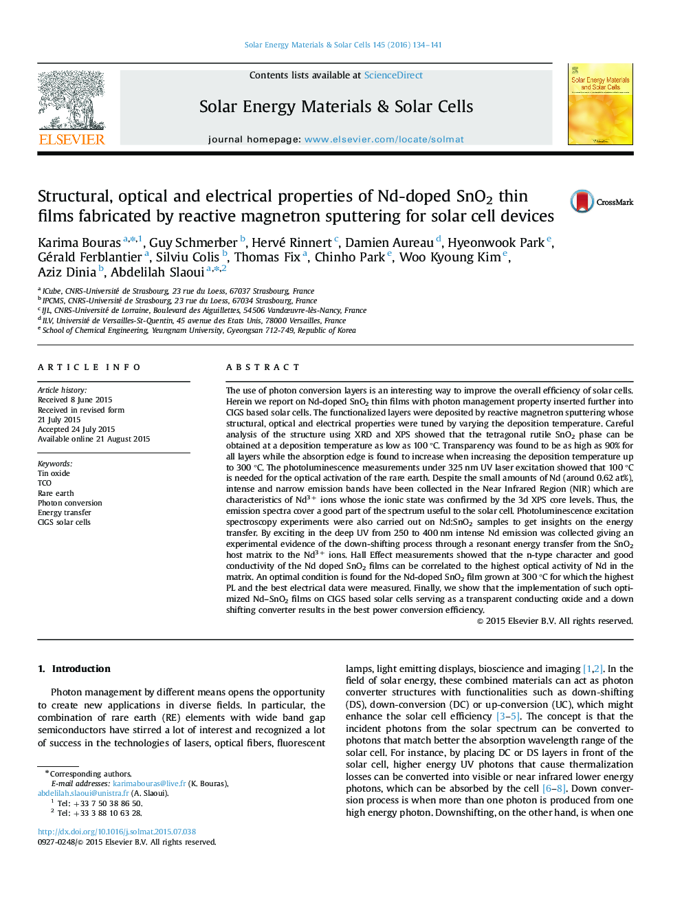 Structural, optical and electrical properties of Nd-doped SnO2 thin films fabricated by reactive magnetron sputtering for solar cell devices