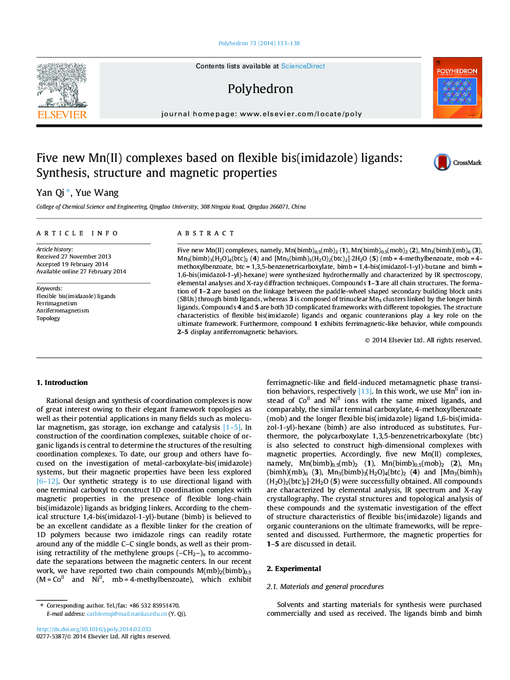 Five new Mn(II) complexes based on flexible bis(imidazole) ligands: Synthesis, structure and magnetic properties