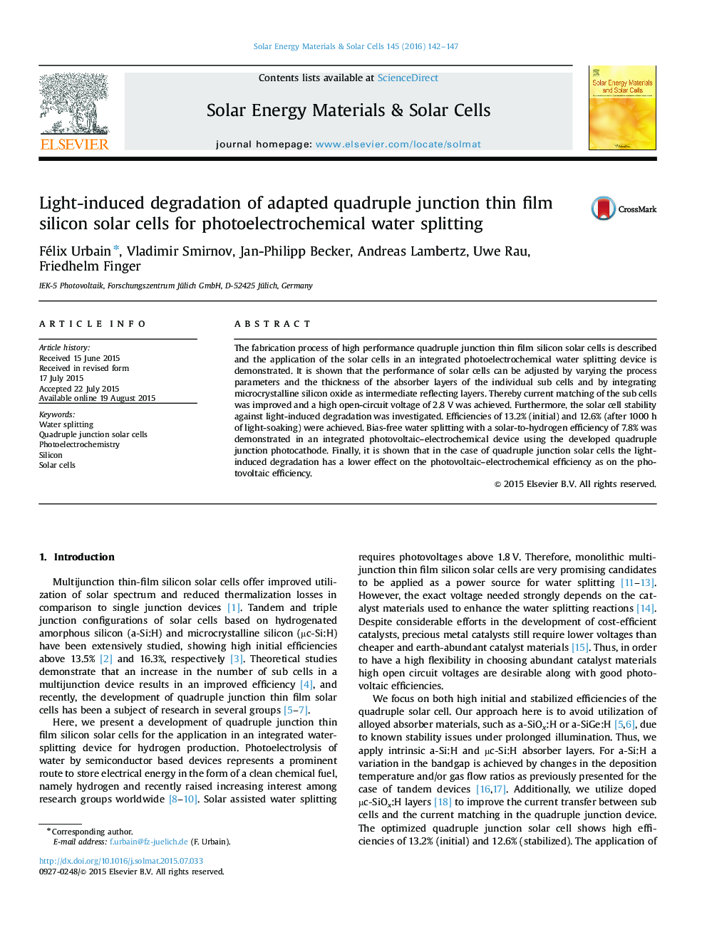 Light-induced degradation of adapted quadruple junction thin film silicon solar cells for photoelectrochemical water splitting