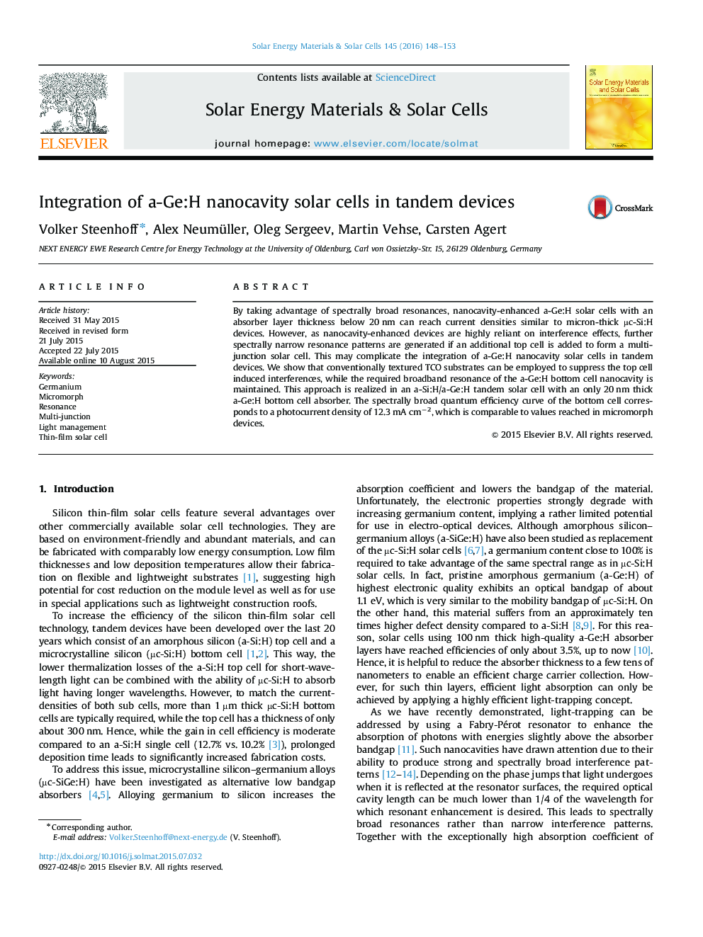 Integration of a-Ge:H nanocavity solar cells in tandem devices