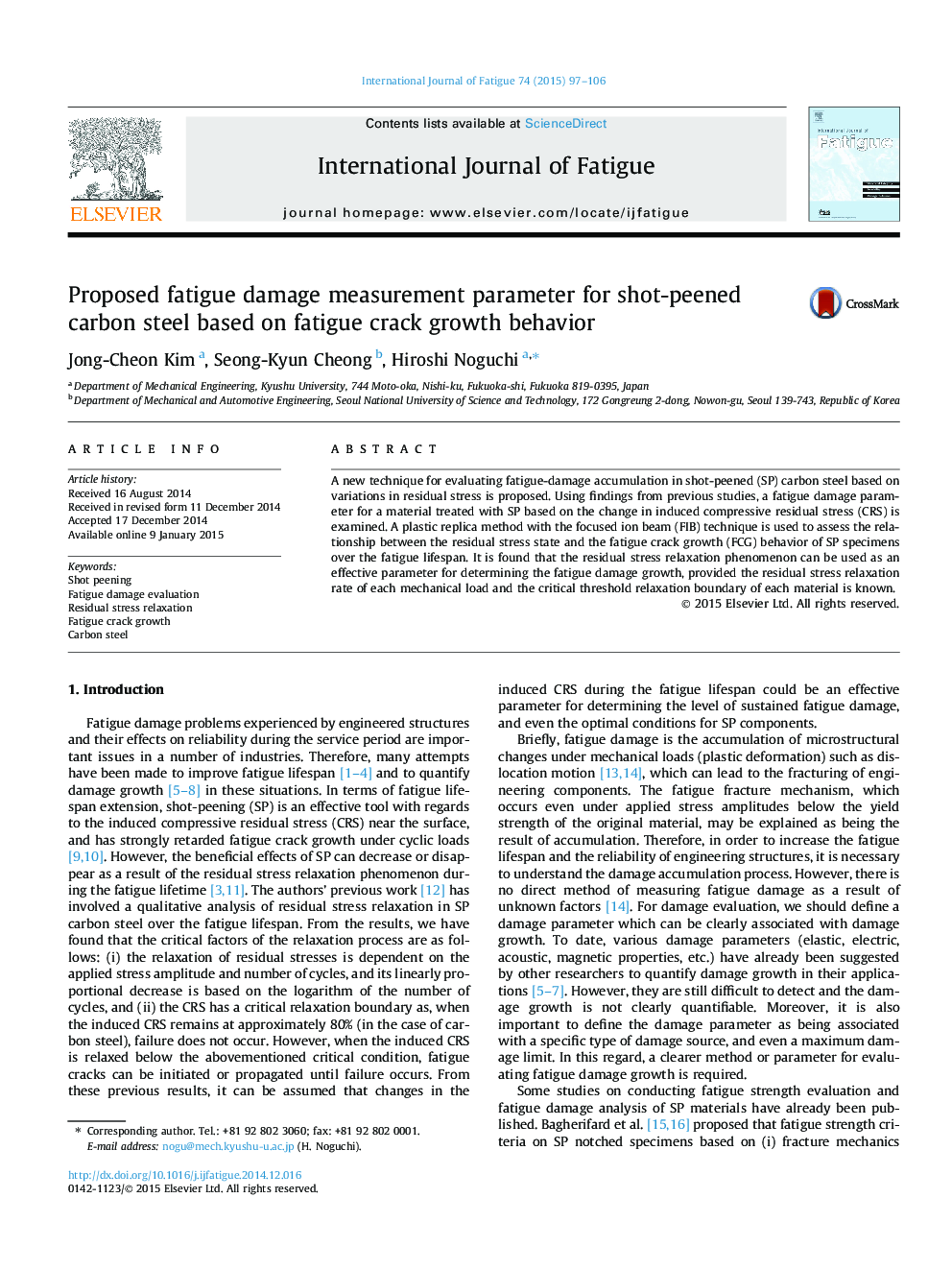 Proposed fatigue damage measurement parameter for shot-peened carbon steel based on fatigue crack growth behavior