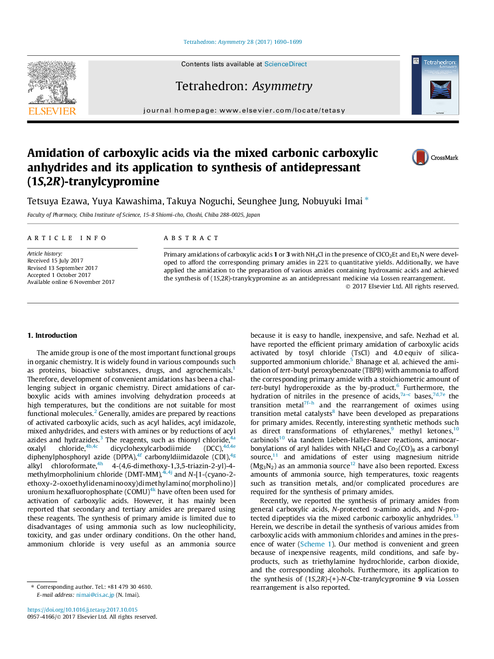 Amidation of carboxylic acids via the mixed carbonic carboxylic anhydrides and its application to synthesis of antidepressant (1S,2R)-tranylcypromine