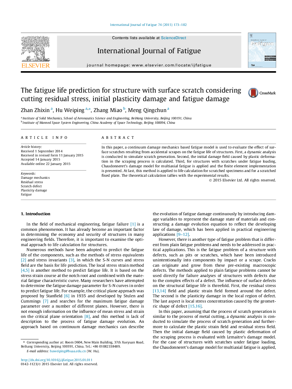 The fatigue life prediction for structure with surface scratch considering cutting residual stress, initial plasticity damage and fatigue damage