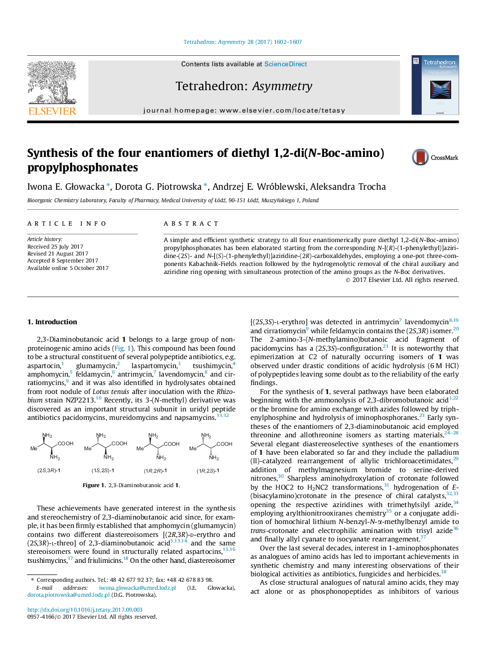 Synthesis of the four enantiomers of diethyl 1,2-di(N-Boc-amino)propylphosphonates