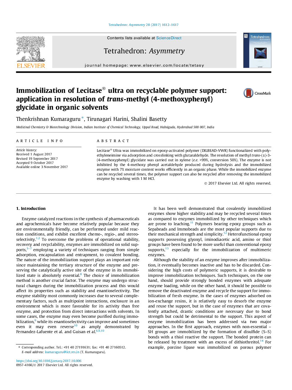 Immobilization of Lecitase® ultra on recyclable polymer support: application in resolution of trans-methyl (4-methoxyphenyl)glycidate in organic solvents