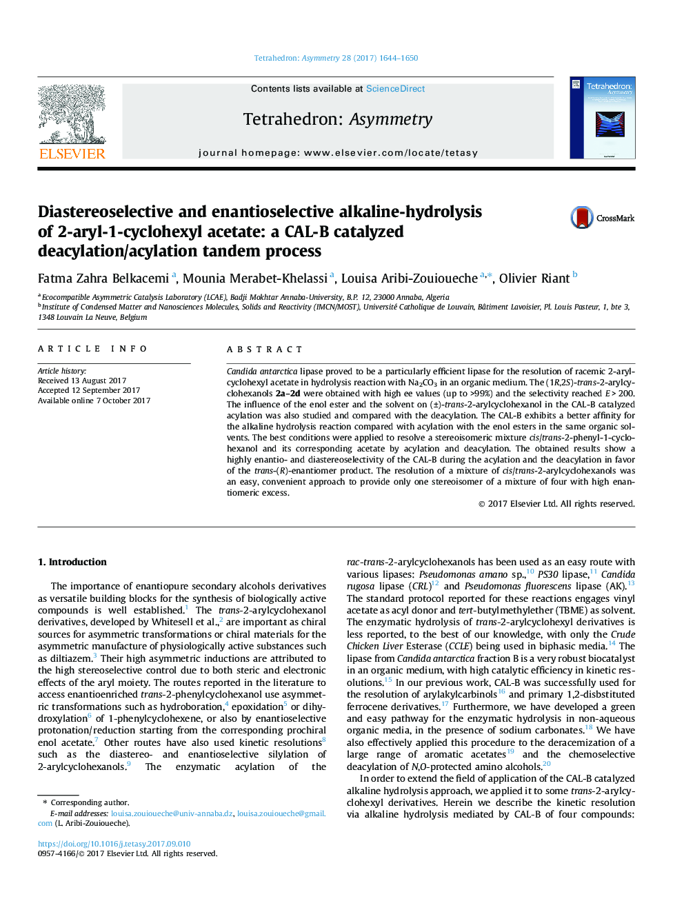 Diastereoselective and enantioselective alkaline-hydrolysis of 2-aryl-1-cyclohexyl acetate: a CAL-B catalyzed deacylation/acylation tandem process