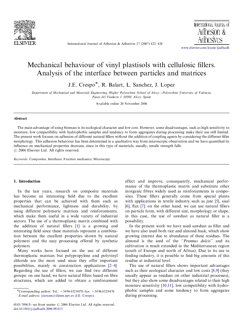 Mechanical behaviour of vinyl plastisols with cellulosic fillers. Analysis of the interface between particles and matrices