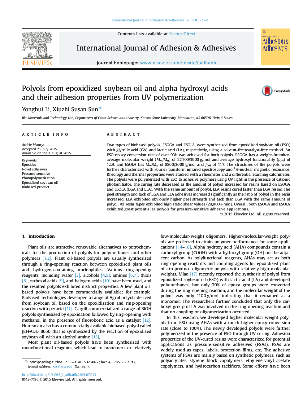 Polyols from epoxidized soybean oil and alpha hydroxyl acids and their adhesion properties from UV polymerization