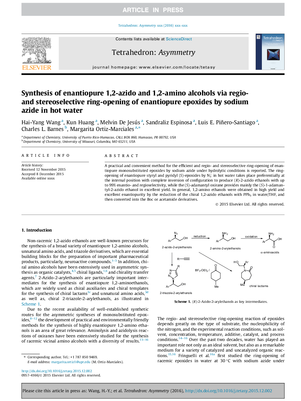 Synthesis of enantiopure 1,2-azido and 1,2-amino alcohols via regio- and stereoselective ring-opening of enantiopure epoxides by sodium azide in hot water