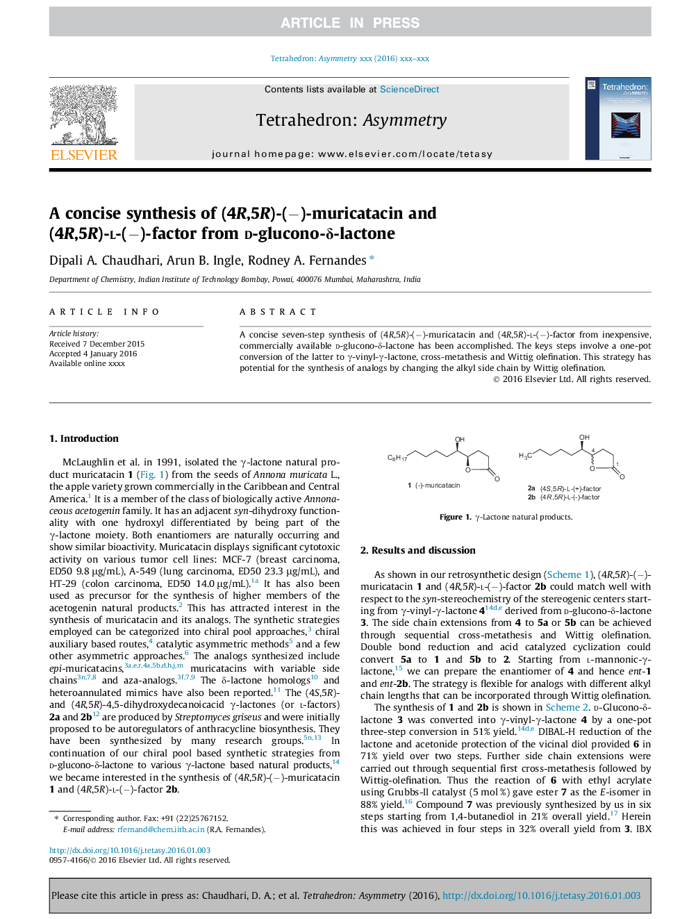 A concise synthesis of (4R,5R)-(â)-muricatacin and (4R,5R)-l-(â)-factor from d-glucono-Î´-lactone