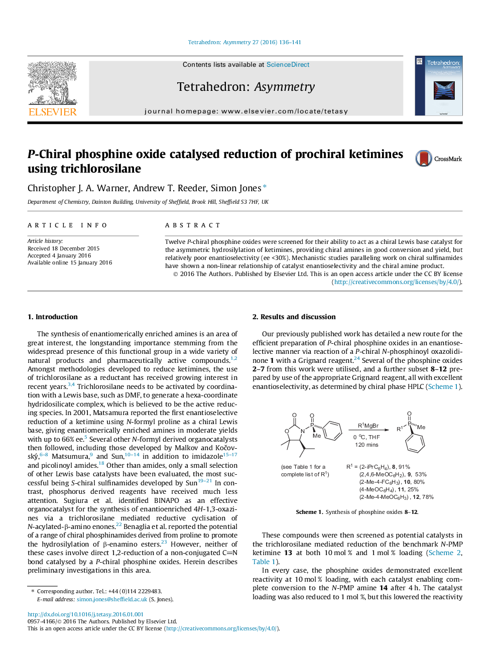 عکس صفحه اول مقاله: P-Chiral phosphine oxide catalysed reduction of prochiral ketimines using trichlorosilane P-Chiral phosphine oxide catalysed reduction of prochiral ketimines using trichlorosilane
