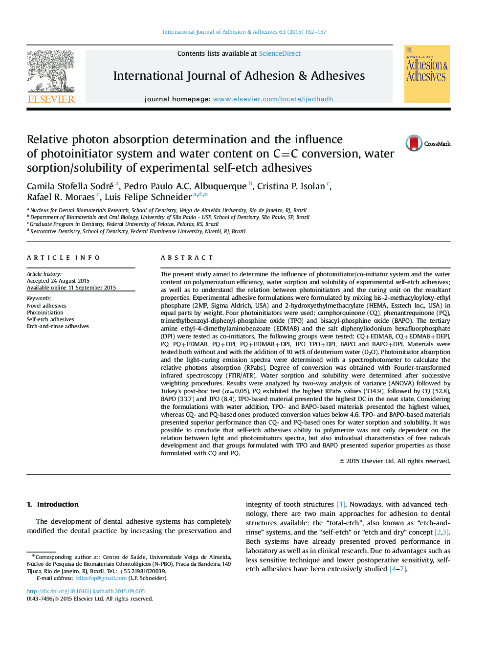 Relative photon absorption determination and the influence of photoinitiator system and water content on C=C conversion, water sorption/solubility of experimental self-etch adhesives