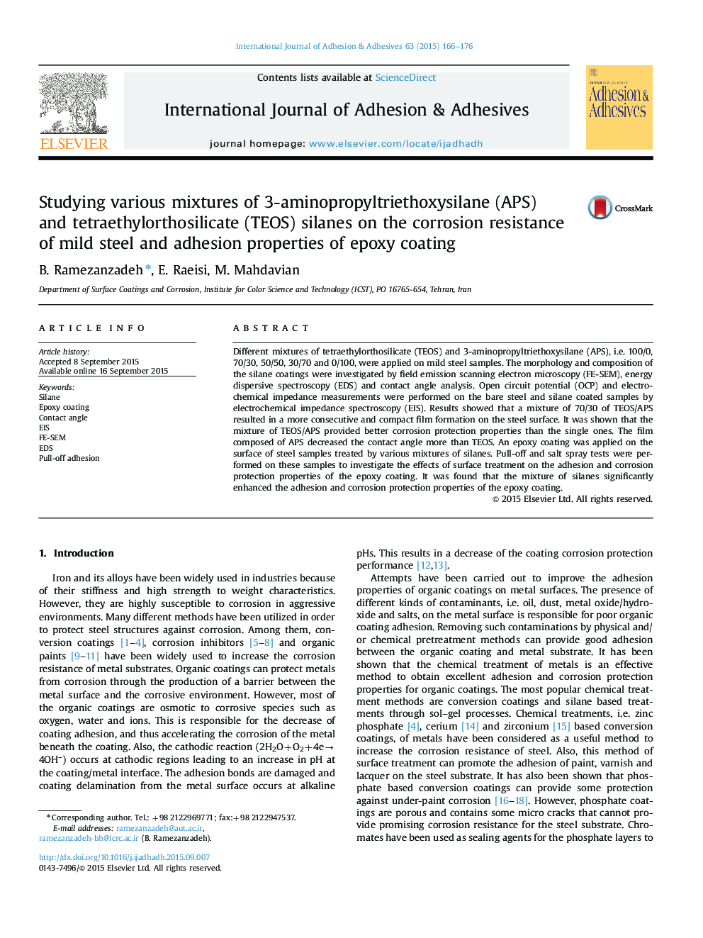 Studying various mixtures of 3-aminopropyltriethoxysilane (APS) and tetraethylorthosilicate (TEOS) silanes on the corrosion resistance of mild steel and adhesion properties of epoxy coating