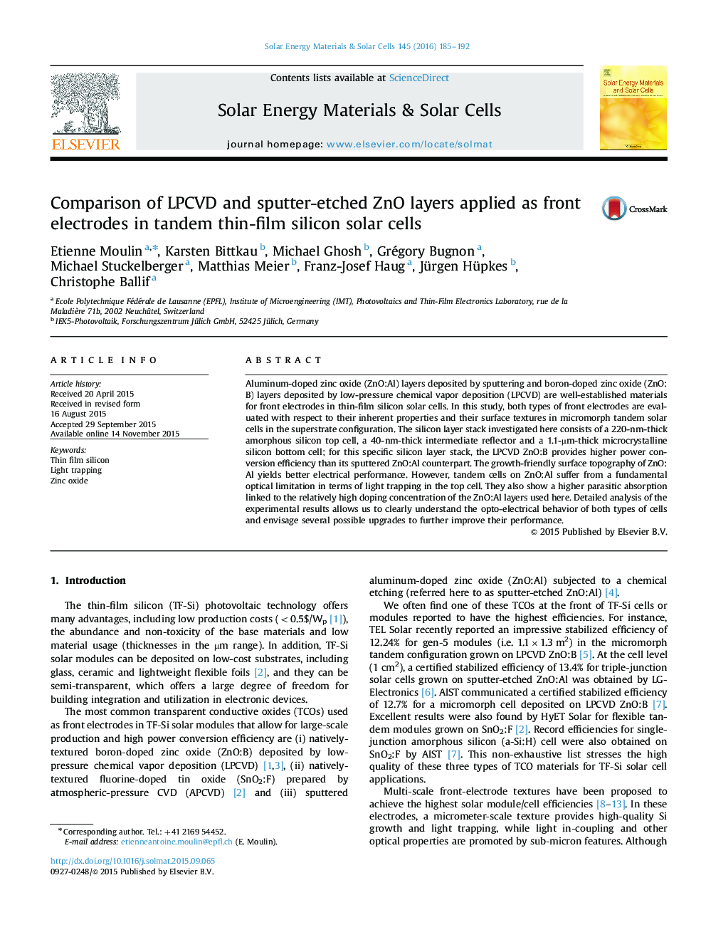 Comparison of LPCVD and sputter-etched ZnO layers applied as front electrodes in tandem thin-film silicon solar cells