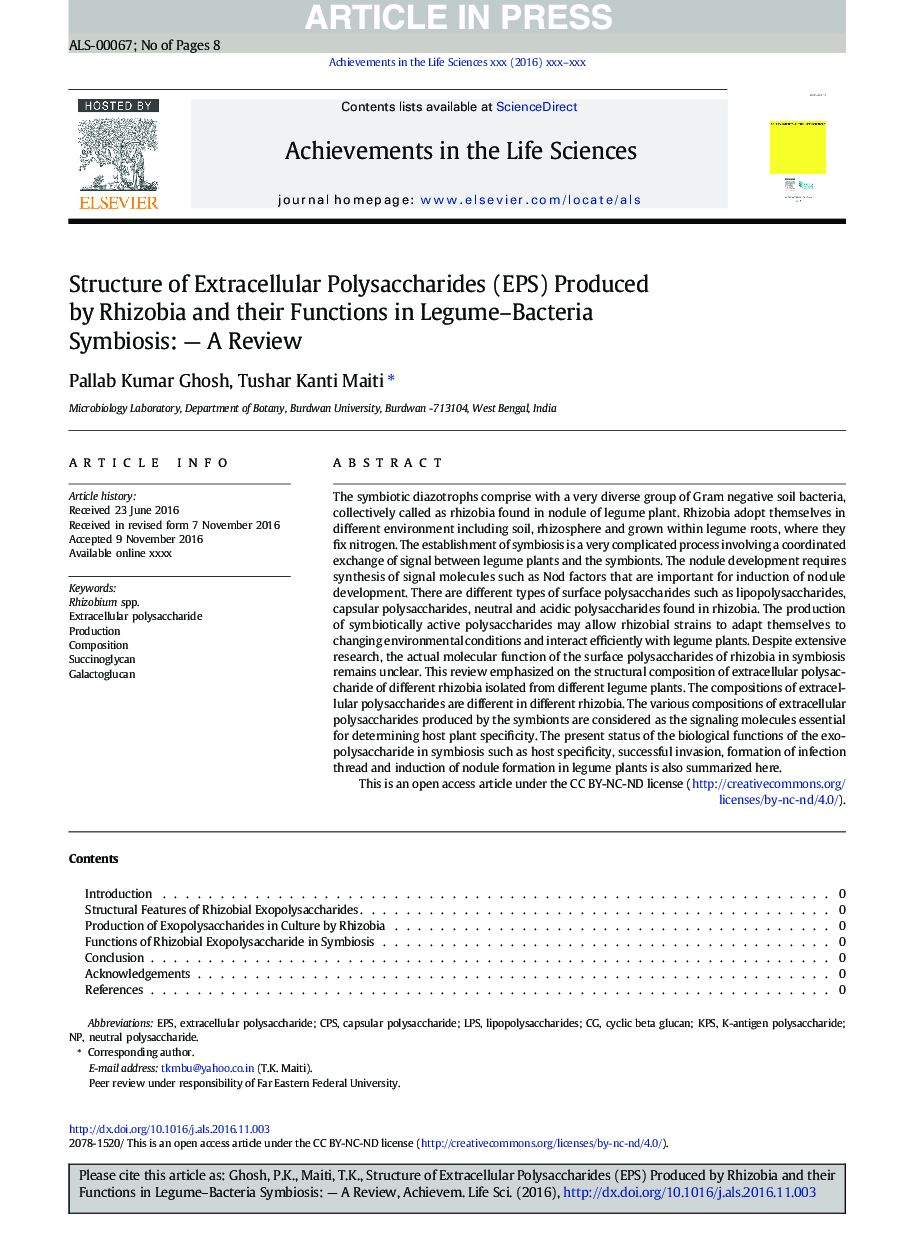 Structure of Extracellular Polysaccharides (EPS) Produced by Rhizobia and their Functions in Legume-Bacteria Symbiosis: - A Review