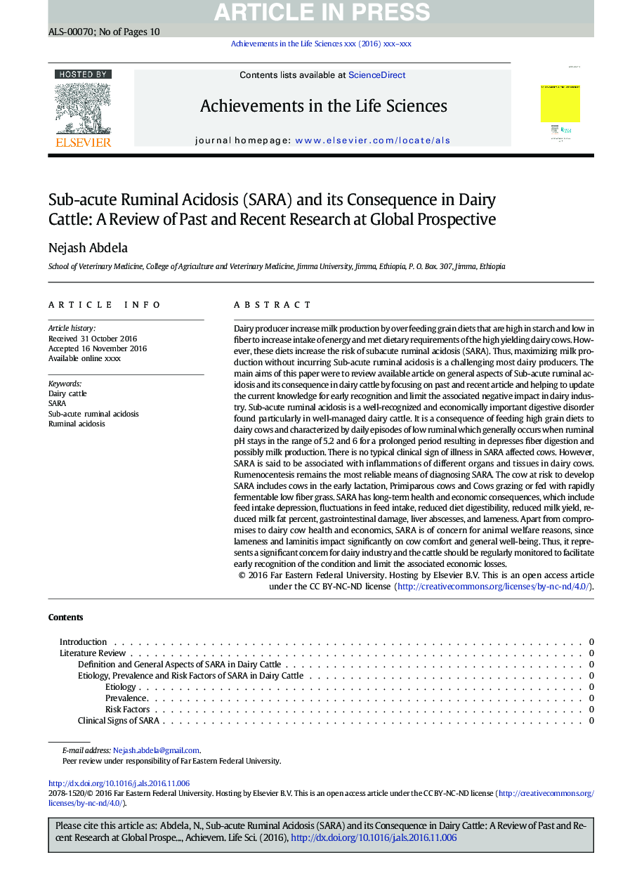 Sub-acute Ruminal Acidosis (SARA) and its Consequence in Dairy Cattle: A Review of Past and Recent Research at Global Prospective