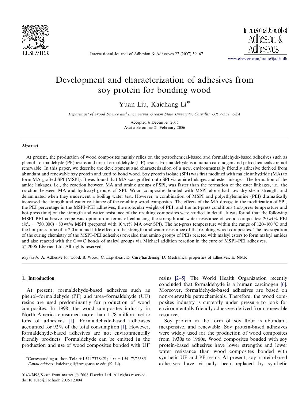 Development and characterization of adhesives from soy protein for bonding wood