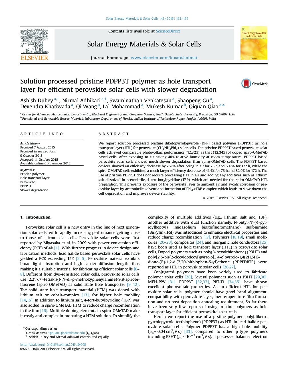 Solution processed pristine PDPP3T polymer as hole transport layer for efficient perovskite solar cells with slower degradation