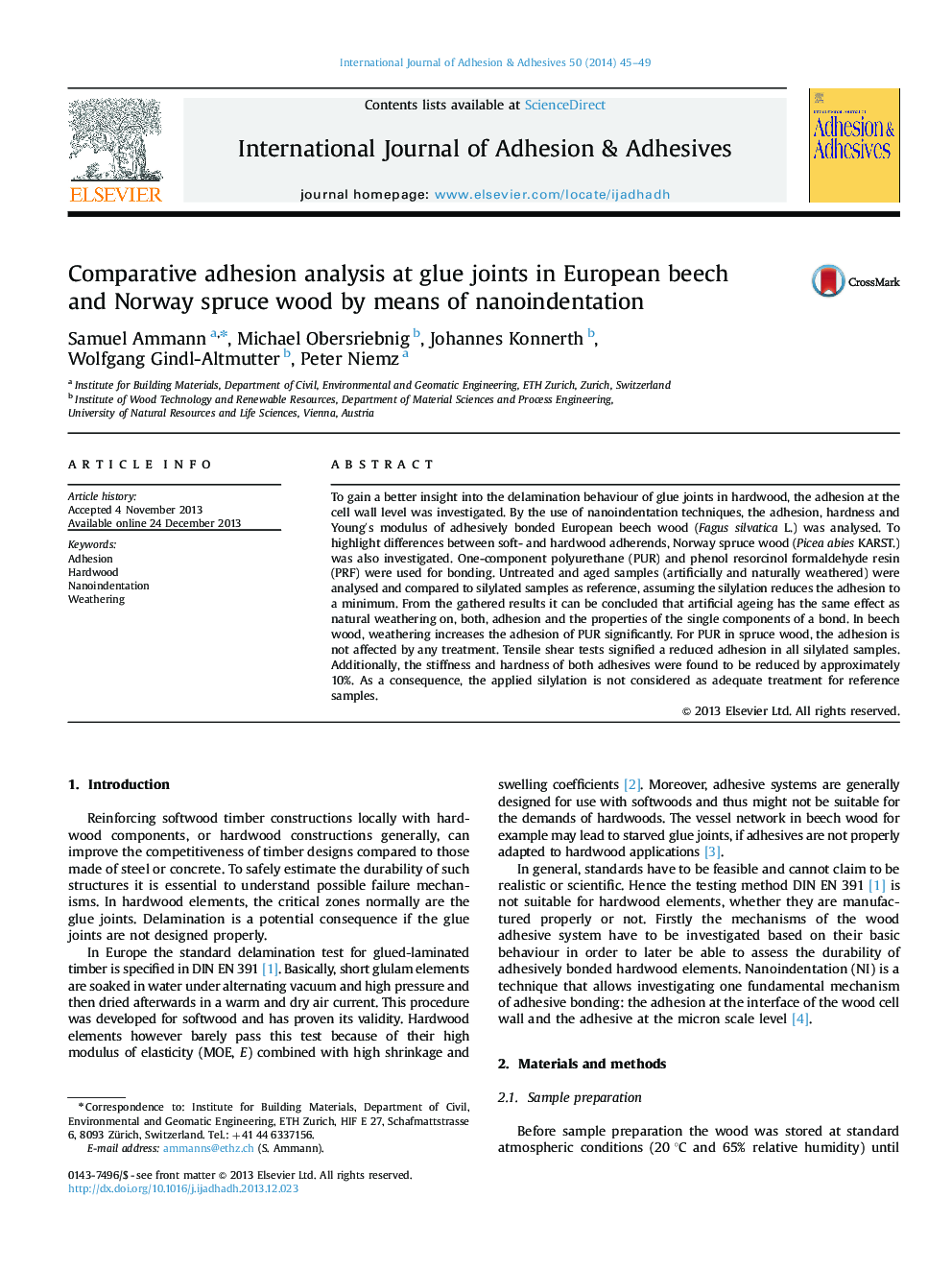 Comparative adhesion analysis at glue joints in European beech and Norway spruce wood by means of nanoindentation