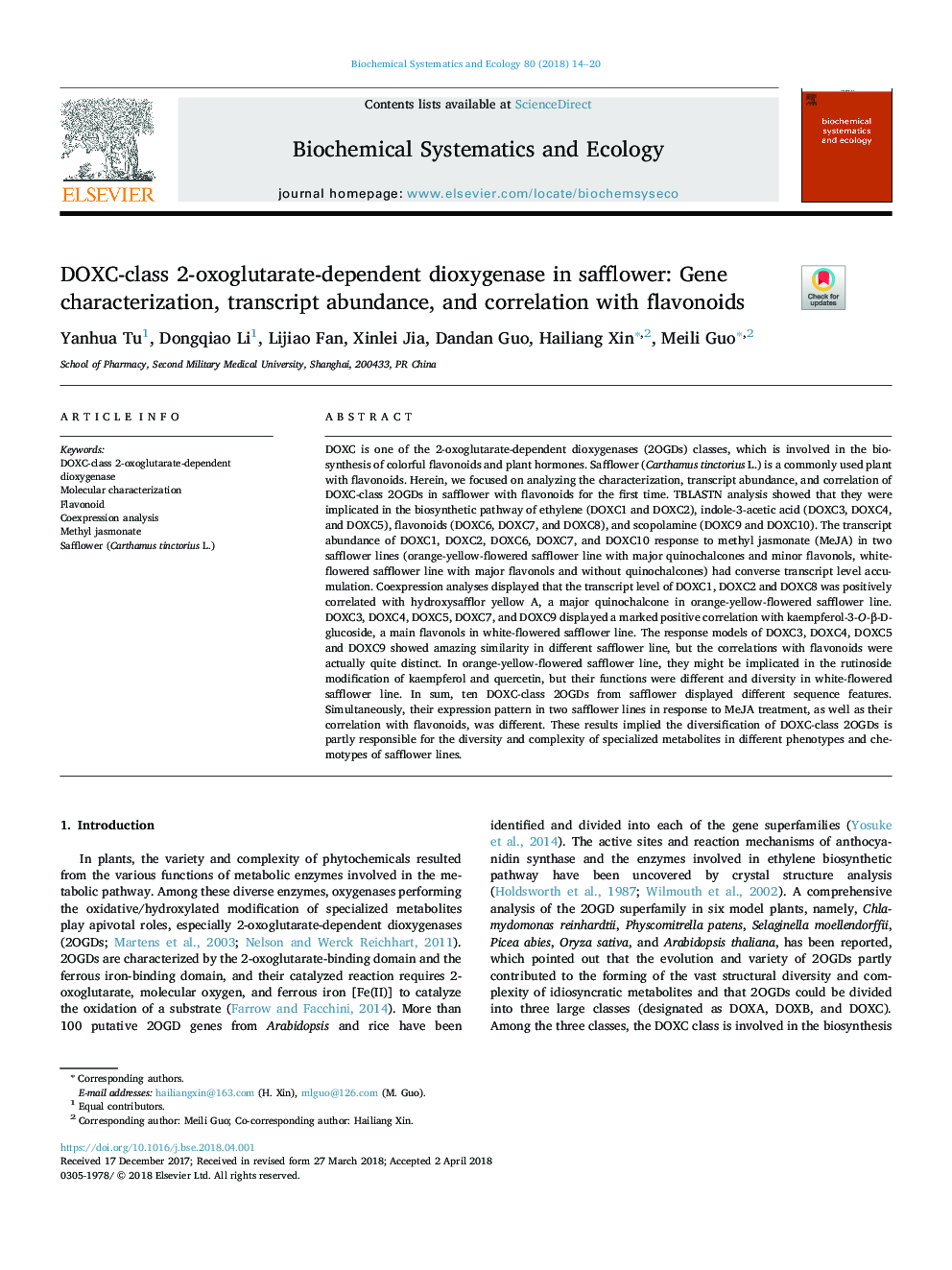 DOXC-class 2-oxoglutarate-dependent dioxygenase in safflower: Gene characterization, transcript abundance, and correlation with flavonoids