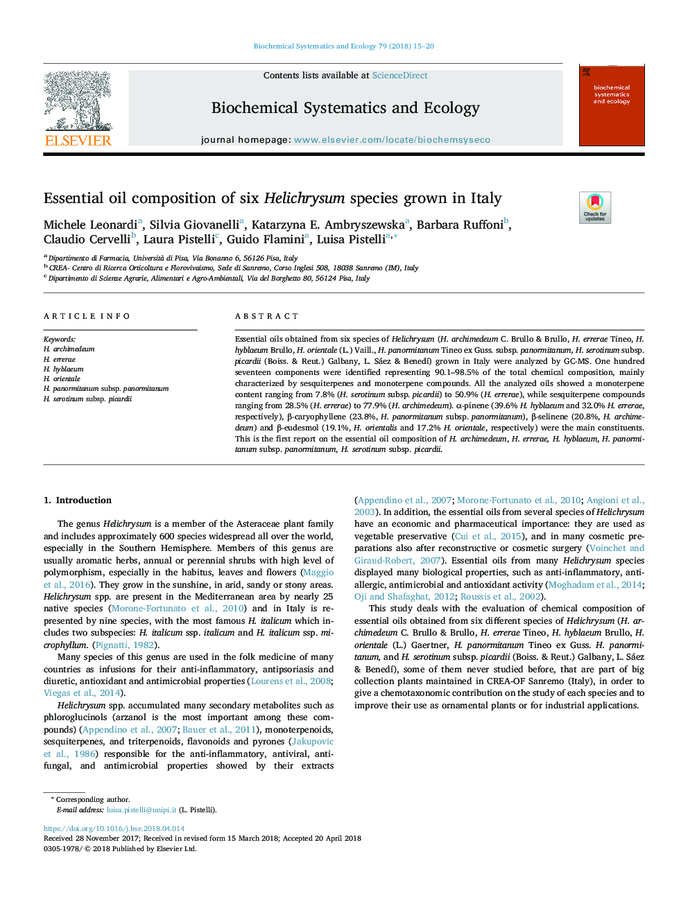 Essential oil composition of six Helichrysum species grown in Italy