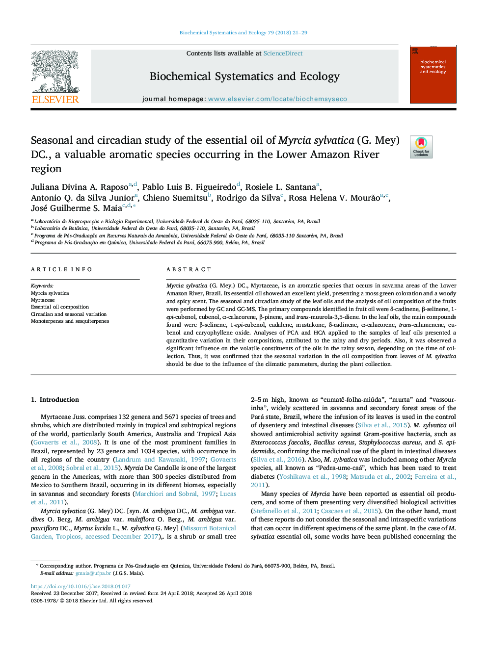 Seasonal and circadian study of the essential oil of Myrcia sylvatica (G. Mey) DC., a valuable aromatic species occurring in the Lower Amazon River region