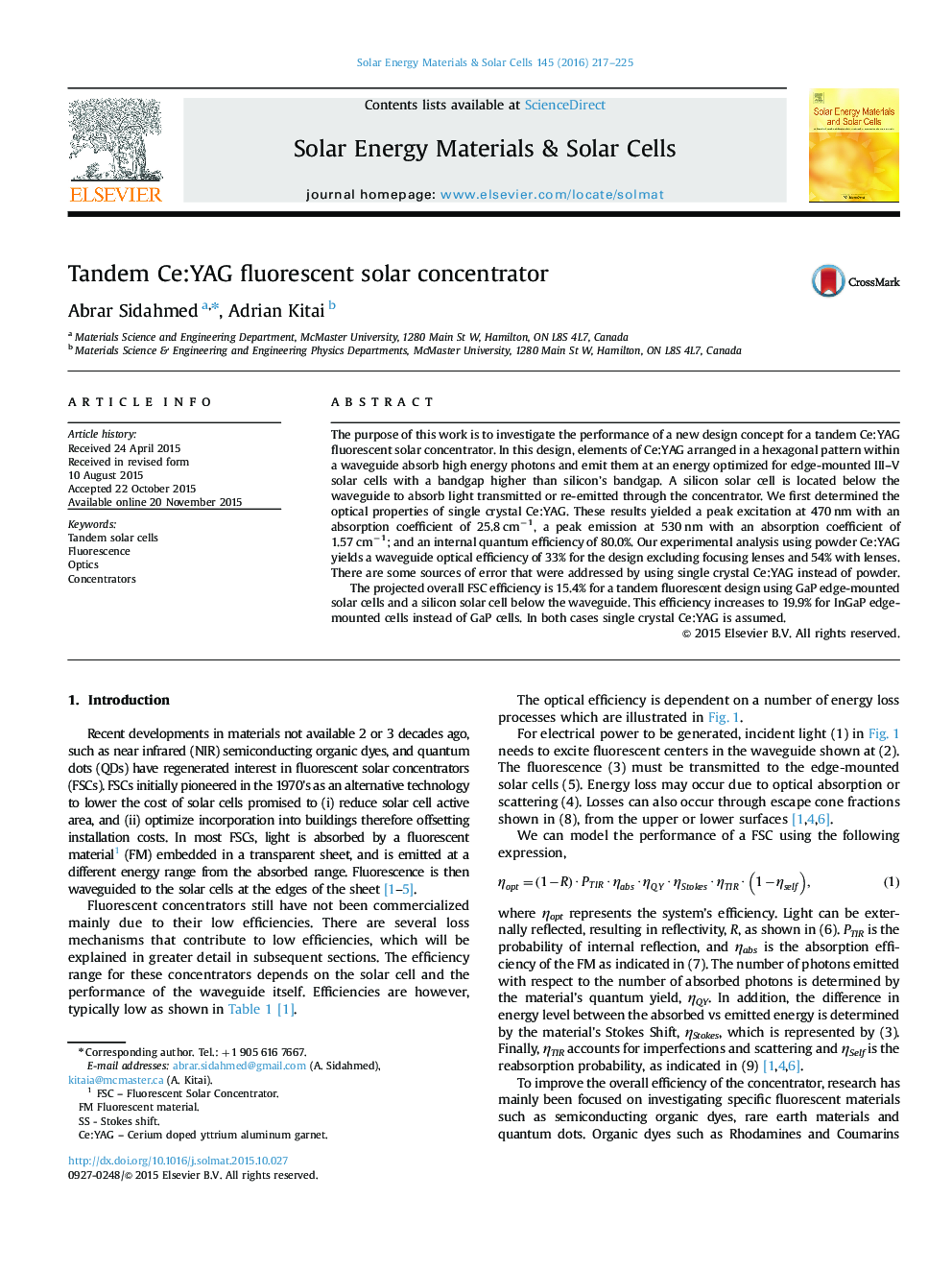 Tandem Ce:YAG fluorescent solar concentrator