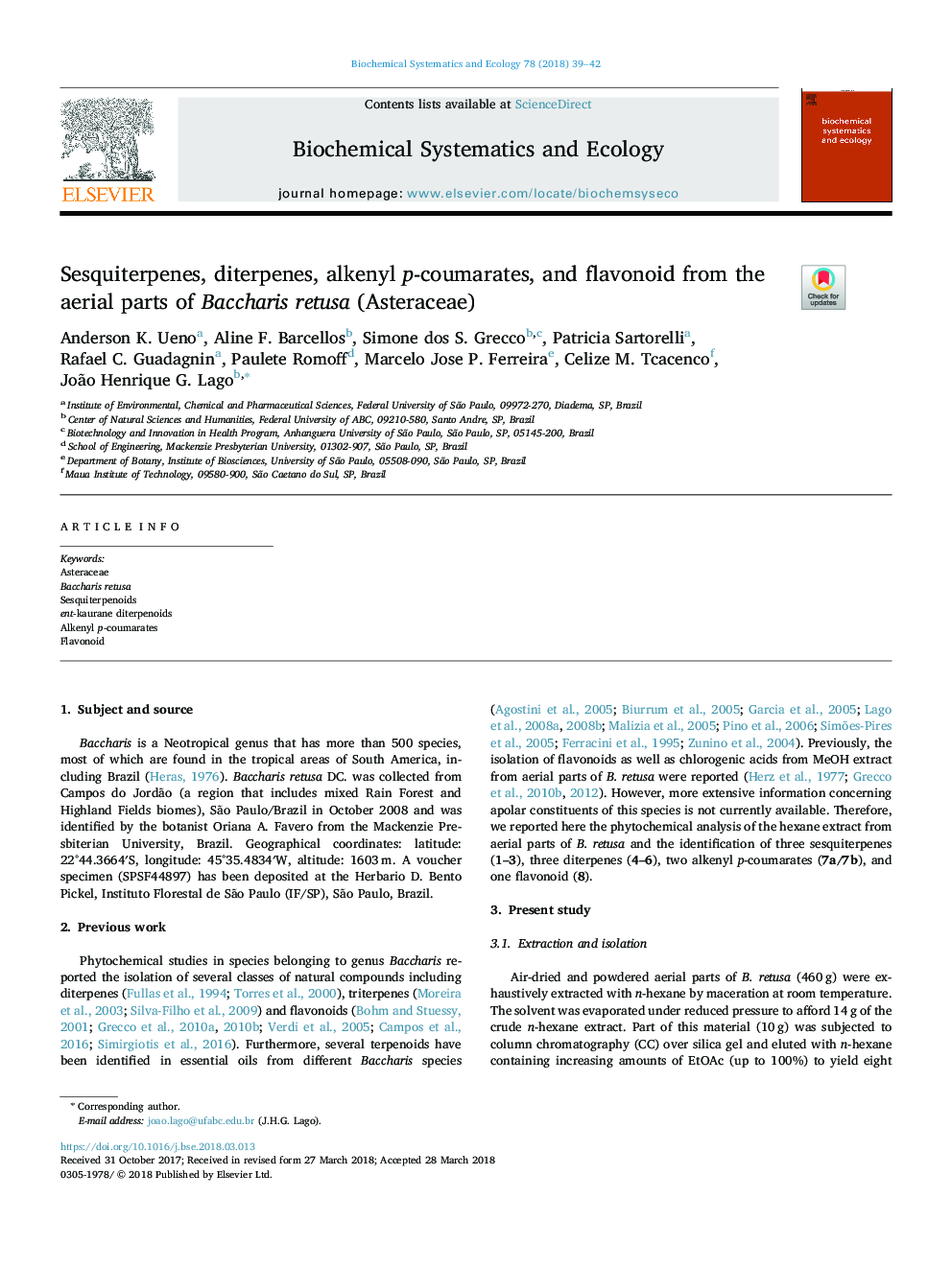 Sesquiterpenes, diterpenes, alkenyl p-coumarates, and flavonoid from the aerial parts of Baccharis retusa (Asteraceae)